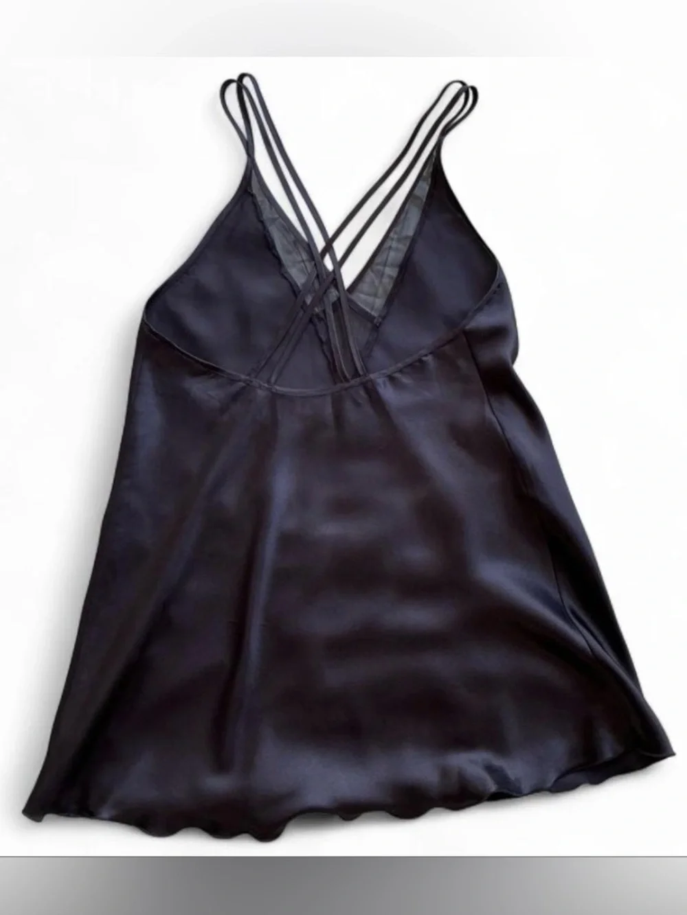 Vintage Black Satin Slip with Mesh Neckline and Strappy Back - Picture 3 of 5